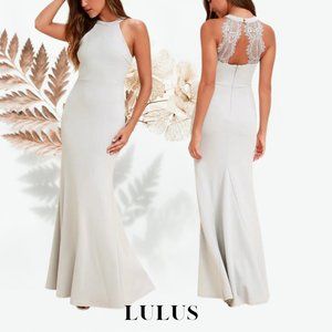 NWT Lulus Joella Light Grey Lace Halter Maxi Dress Size S